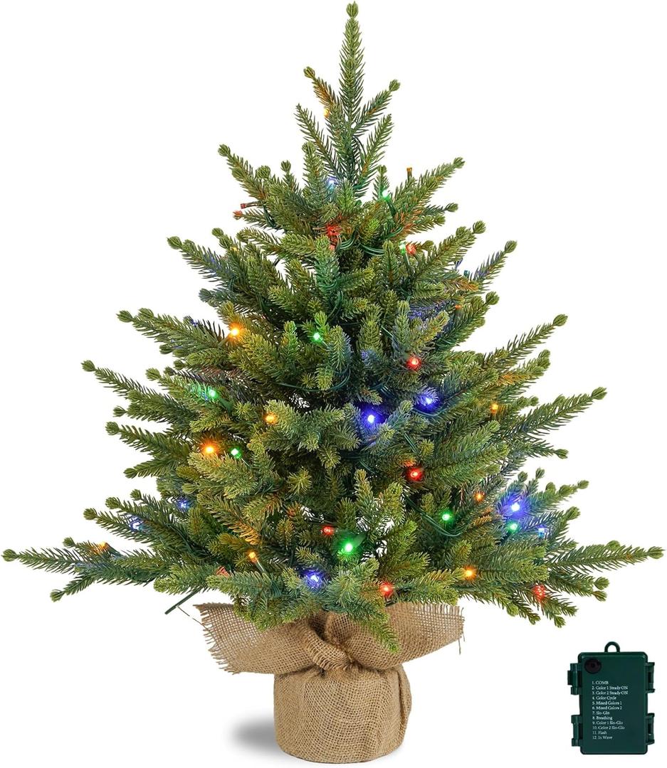 Prelighted Mini Christmas Tree 2 Ft with 70 LED Warm & Multi-Color Light, Artificial Small Xmas Tree with Timer 24 inch Tabletop Tree Christmas Decoration for Bedroom Fireplace Mantel