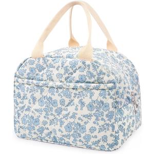 Cotton Quilted Insulated Lunch Bag, Cute Quilted Floral Lunch Tote Bags Reusable Insulated Lunch Box Coquette Aesthetic Large Capacity Insulated Cooler for Women Work Travel Picnic (Big Blue Flowers)