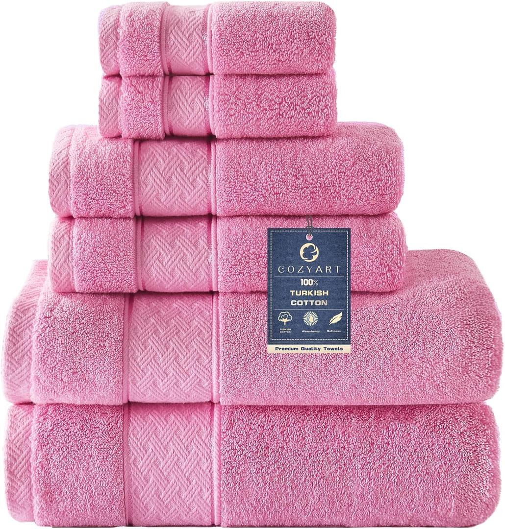 COZYART Pink Bath Towel Set 6 Piece, 2 Bath Towels 2 Hand Towels 2 Washcloths, Luxury 100% Turkish Cotton 650GSM Hotel Quality, Soft, Absorbent, Towel Sets for Bathroom