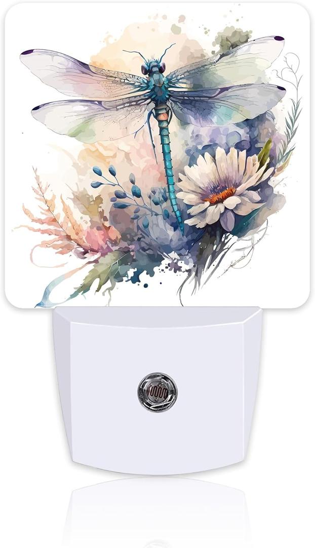 Watercolor Dragonfly Flowers Night Light, Vintage Insect Botanical Floral Leaves Dusk to Dawn Night Light Plug in,0.5w Energy Saving Sleep Friendly NightLight for Kids Boys Girls Home Decor (Color2)