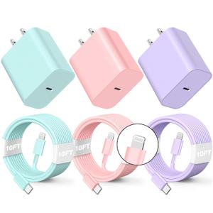 Compatible with iPhone Charger Fast Charging, [3Pack 10FT] 20W PD USB C Wall Charger Block with Type C to Lighting Cable Compatible with iPhone 14/13/12 Pro Max/11/XS/XR/X/8/Plus (PurplePinkGreen)