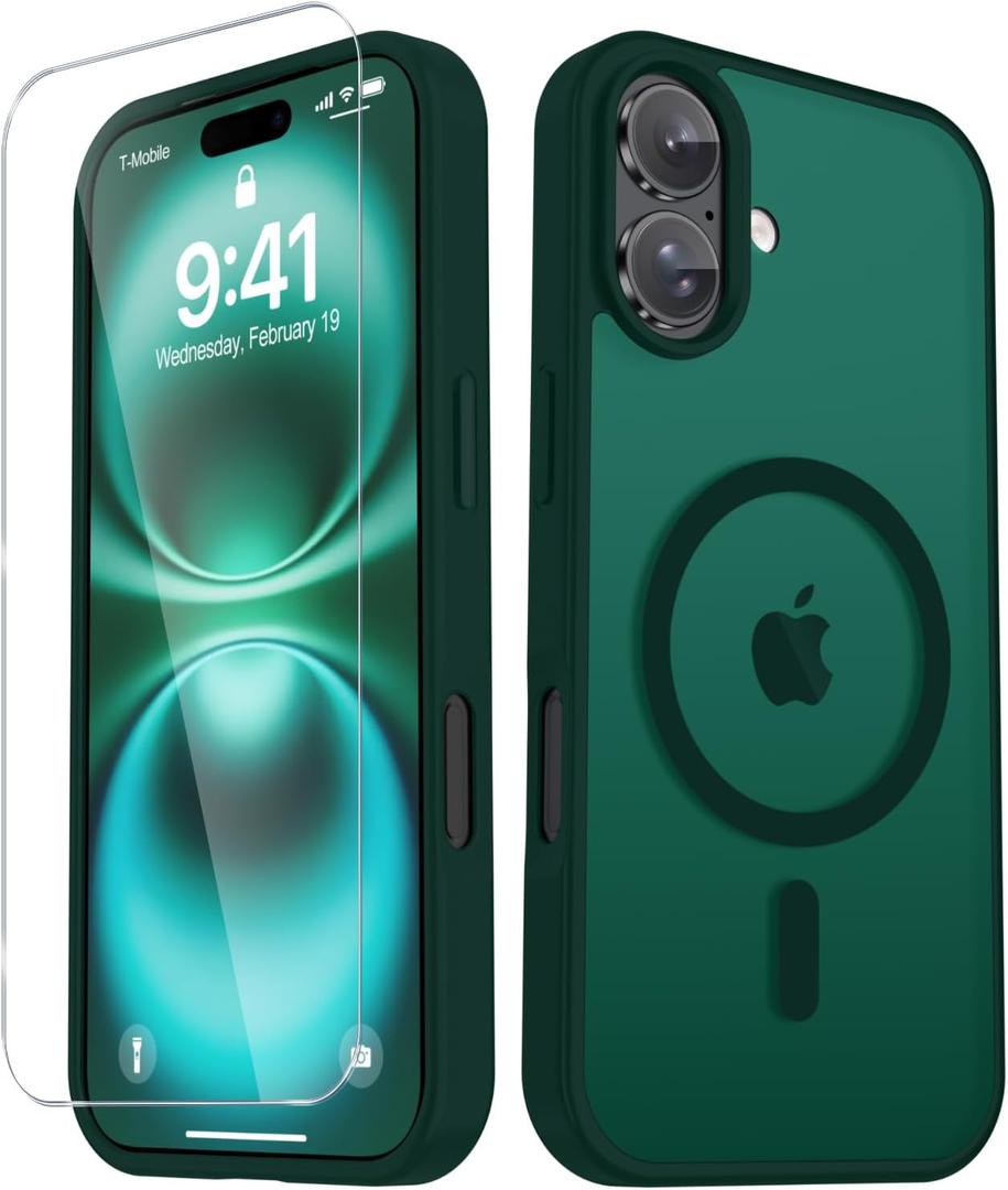 YENAPOON for iPhone 17 Case, Matte Magnetic Phone Cover [with 1 Screen Protector] [Support for MagSafe] [Shockproof Military Grade Protection] Translucent Frosted Back, Dark Green