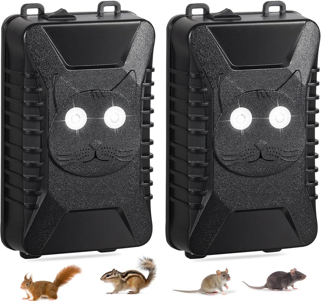 Ultrasonic Rodent Repellent for Car Engines with Strobe Light - 2 Pack Battery Powered Under Hood Vehicle Mouse Deterrent, Keep Rats Mice from Automobile, Truck, Garage, Attic, Shed and Barn Areas