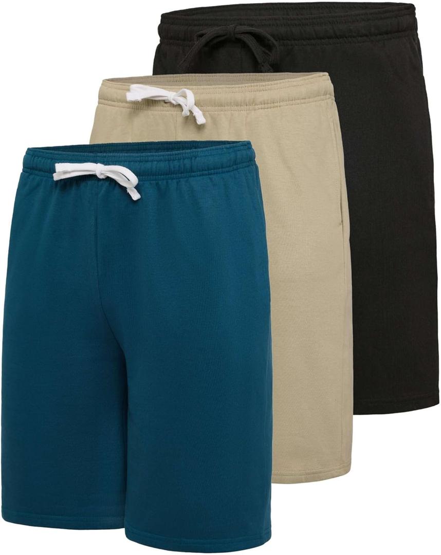 Real Essentials 3 Pack: Mens 9" Cotton Fleece Sweat Short  Casual Gym, Lounge & Sleep Shorts with Pockets (Large, Set 7)