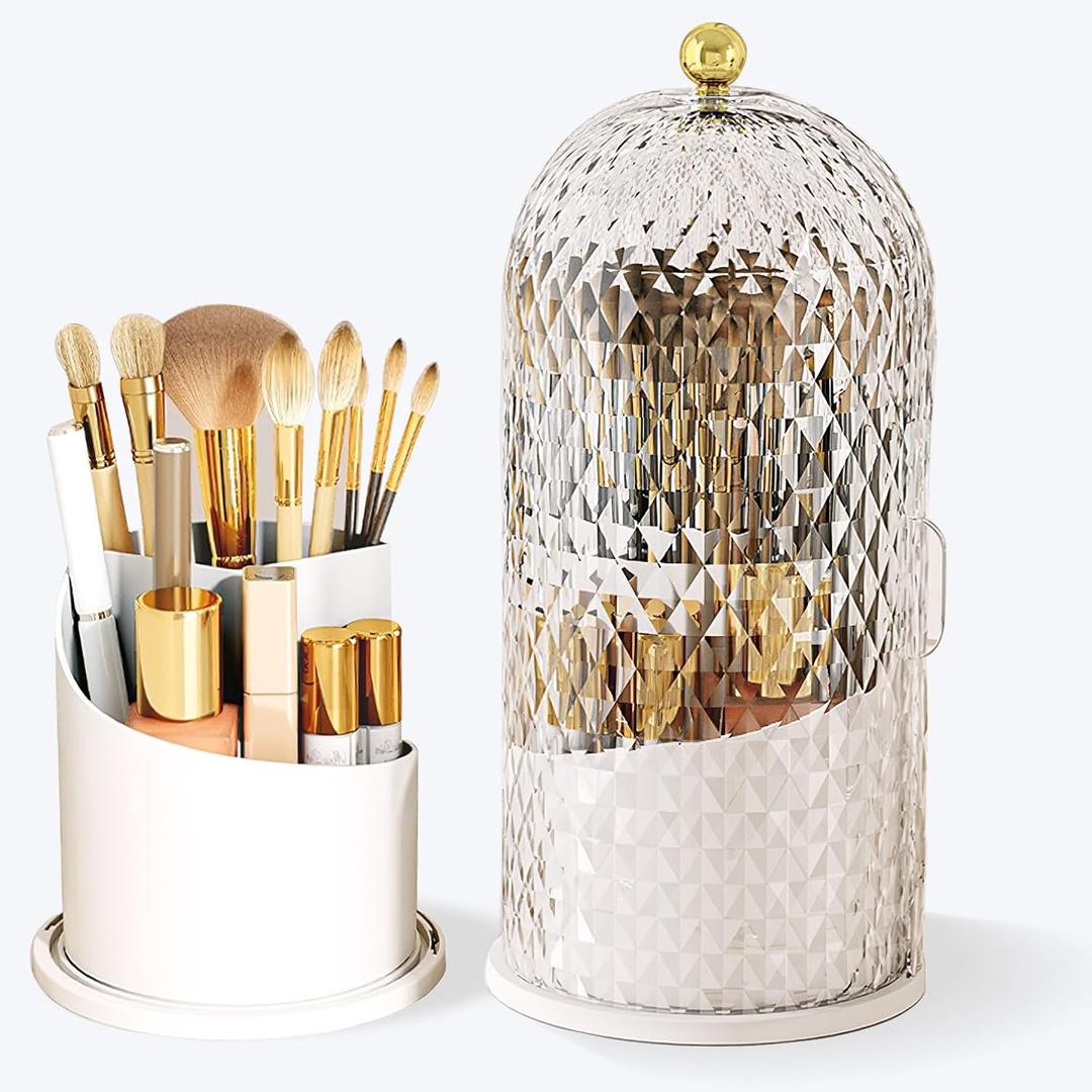 Makeup Brush Holder with Lid, 360 Rotating Multifunction Clear Dustproof Skincare Cosmetic Tools Storage Organizer for Vanity Desktop Bathroom Countertop (White)