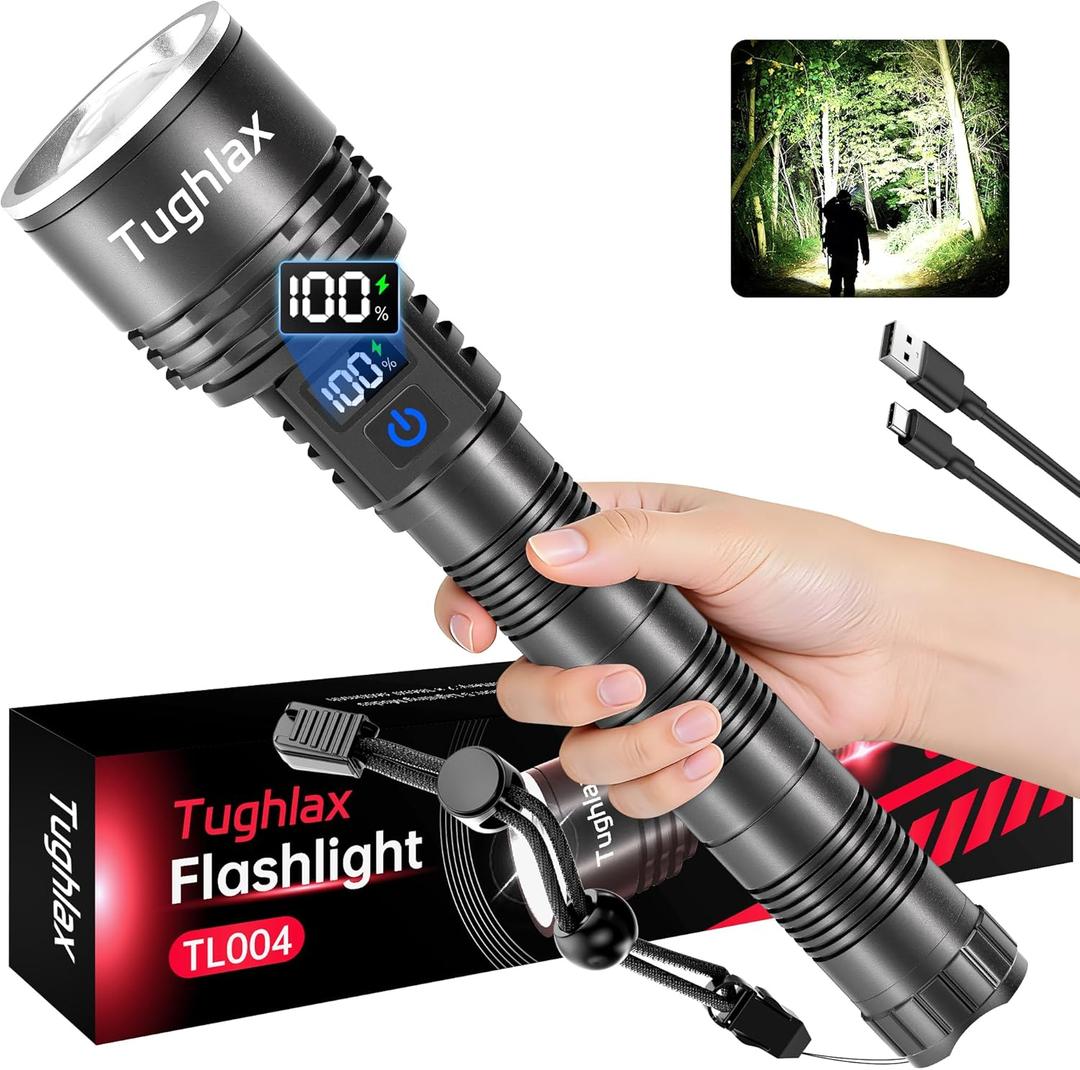 Rechargeable Flashlights High Lumens, 90,000 Lumens Super Bright LED Flashlight Tactical Flashlight with LCD Digital Display, 5 Modes Zoomable Waterproof Powerful Handheld Flashlight for Home