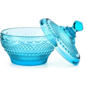 Sungmor Vintage Embossed Glass Candy Storage Jars w/Lid, Small Decorative Colorful Candy Dishes Blue Cookie Container, Pretty Covered Bowls for Chocolate Dessert Icecream Buffet