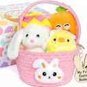 Wangchao Craft My First Easter Basket for Baby with Prefilled Plush Bunny Egg Chick Carrot 6 Pcs Stuffed Easter Basket for Girl Boys Infant Kids, Easter Party Supplies Favor Set, Pink