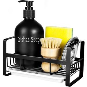 TEZZ Sponge Holder for Kitchen Sink- Stainless Steel Kitchen Sink Caddy for Organizing Sponge, Brush & Soap Dish Dispenser, coutertop Organizer Rack with Adhesive or Counter top, Black