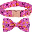 Haloween Dog Collar with Bow Tie - Cute Pumpkin Bat Purple Dog Collars, Adjustable Cotton Metal Buckle Bowtie Collar for Small Medium Large Boy Girl Dogs XL