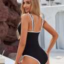 BMJL Women's One Piece Swimsuit Sports Adjustable Strap Bathing Suit Color Block Ribbed High Cut Swimsuits(S,Black)