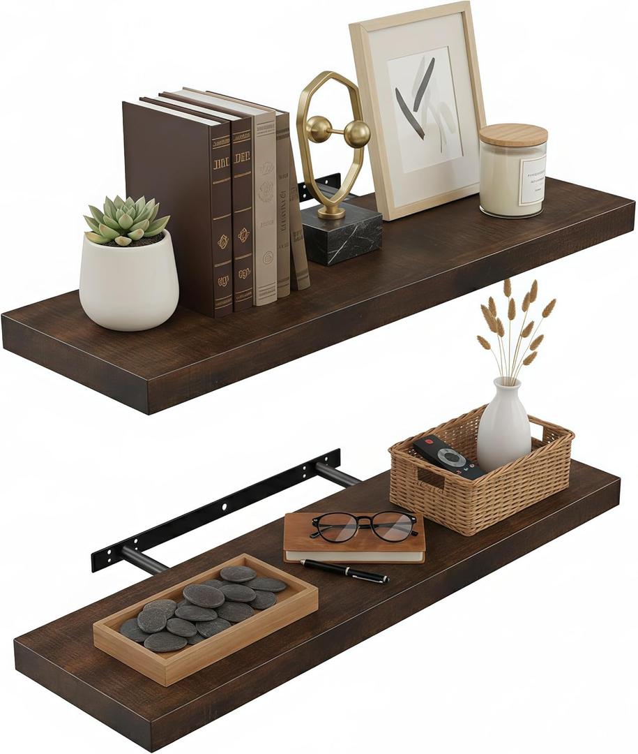 Lufia Floating Wall Shelves, Set of 2, MDF with Invisible Brackets, Modern Storage for Bedroom, Bathroom, Living Room, Kitchen (Rustic Brown, 24" W x 7" D x 1.5" H)