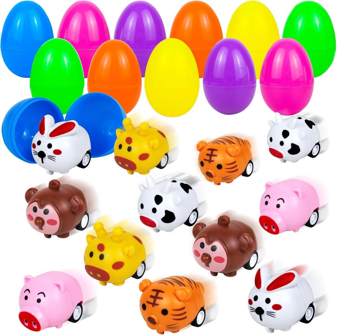 12PCS Easter Egg Filled with Animal Pull Back Cars Toys, Easter Basket Stuffers for Toddler Kids Boy Girls, Mini Small Toys for Easter Egg Fillers, Easter Gift for Goodie Bag Party Favors Egg Hunt