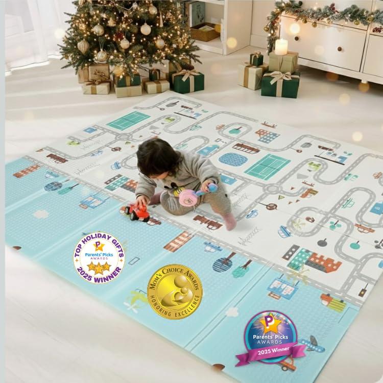 Bammax Extra Large 78" x 70" x 0.4" XPE Foam Baby Play Mat with Travel Bag | Waterproof, Foldable & Reversible Padded Playmat | Baby Crawling & Kids Play Mat  Giftable Design, Cars & Fire Engine.