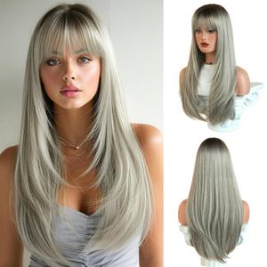 PARK YUN 27IN Silver Grey Layered Straight Wig with Bangs for Women Glueless Platinum Grey Wigs Synthetic High-temperature Fiber Natural Looking Wig Ready to Go Daily Use Cosplay Party
