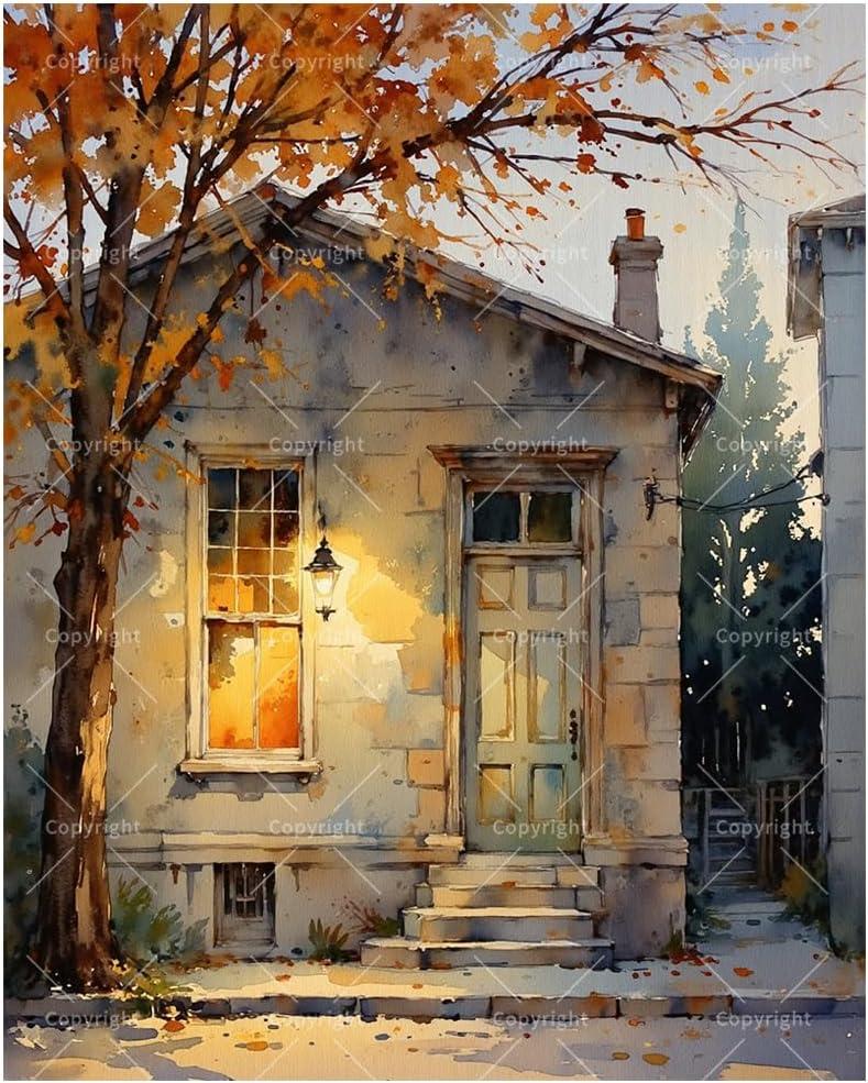 Cozy House Paint by Numbers Kit for Adults - DIY Autumn Cottage with Lamp Light Painting on Canvas 16x20In, Framed Acrylic Paint Set, Suitable for Beginners, Art for Home Decoration or Gifts