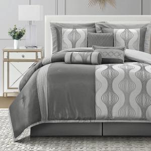California King Comforter Set, Grey, 7 Pieces in a Bag, Ultra Soft Jacquard with Solid Piecework, Luxury Bed Set with Comforters, Bed Skirt, Pillow Shams and Decorative Pillows