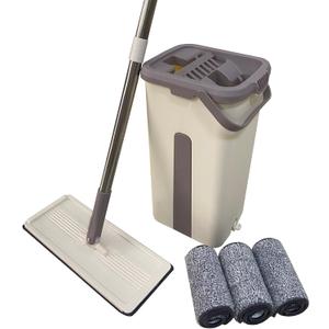 Flat Mop and Bucket with Wringer Set for Floor Cleaning, Separates Dirty and Clean Water, Wall Cleaner Mop, 4pcs Washable Microfiber Pads