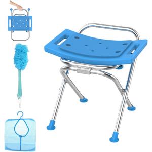 Folding Shower Chair Seat, 17.5" Stainless Steel Small Shower Chair for Inside Shower, 400lbs Portable Travel Shower Stool, Safety Anti-Slip Bath Chair for Seniors, Disabled, Blue