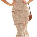 dowerme Women Summer Casual Floral Midi Smocked Bodycon Dresses Spaghetti Strap Square Neck Ruffle Mermaid Prom Dress (Small, Khaki)
