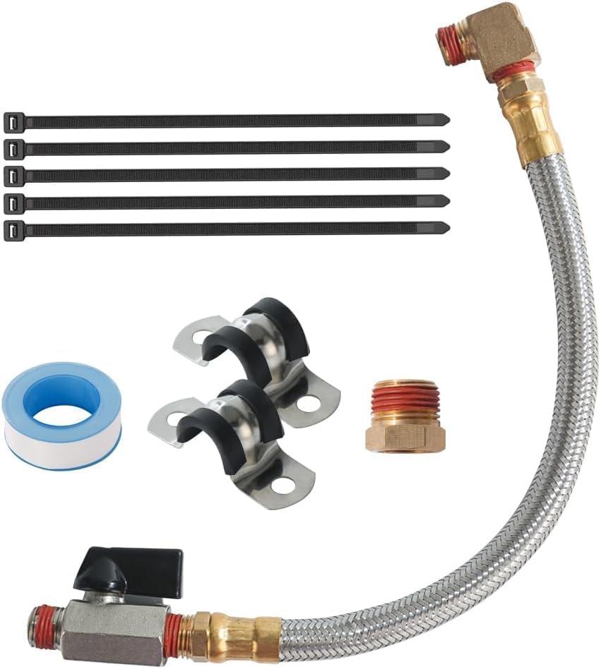 Extended Tank Drain Valve Assembly Kit for Air Compressor,SUNROAD Including 10 Inches Air Compressor Tank Drain Hose 1/4 inch NPT, 1/4" to 3/8" Brass Adapter & Routing Clamp