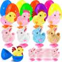 8 Pack Jumbo Easter Eggs Fillers with Wind Up Chicks Bunny Plush, Colorful Easter Plastic Egg with Wind Up Toys, Easter Basket Stuffers with Toys Inside, Easter Egg Hunt Party Favors for Kids Toddlers