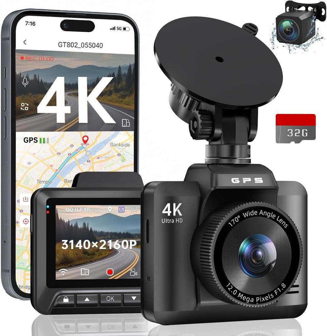 Dash Cam Front and Rear, Ecomoment 4K+1080P Dual Dash Camera for Cars, Built-in WiFi GPS Dashboard Camera, 2.4" IPS Screen Dashcam, 170 Wide, Night Vision, WDR, G-Sensor, 32GB SD Card Included
