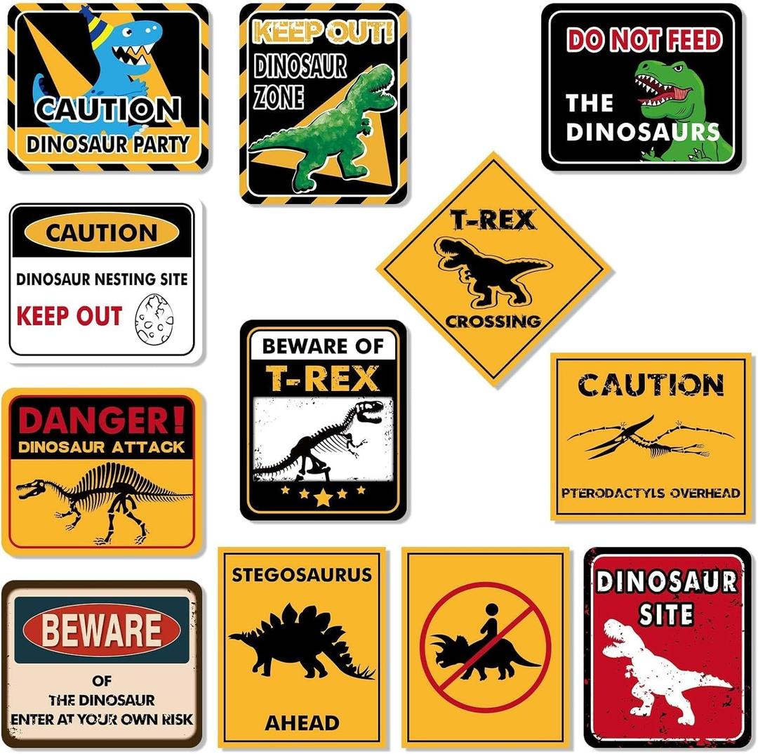 Dinosaur Birthday Decorations - 12 PCS Dinosaur Party Supplies for Boys Kids Dino Birthday Funny Dinosaur Sign Decor for Jurassic Theme Baby Shower Holiday Party Favors Caution T-Rex Sign Wall Decor