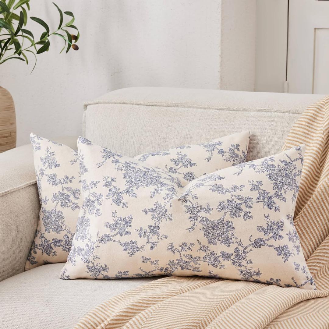 100% Cotton French Pastoral Lumbar Throw Pillow Covers Set of 2, 12x20 Inch Blue Farmhouse Decorative Cushion Covers for Sofa Bed Living Room Home Decor