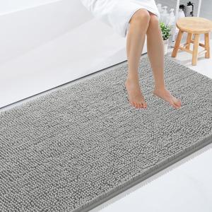 Smiry Luxury Chenille Bathroom Rugs 59x35, Extra Soft and Absorbent Shaggy Bath Mat, Machine Washable, Non-Slip Plush Carpet Runner for Tub, Shower, and Floor, Home Decor Accessories, Light Grey
