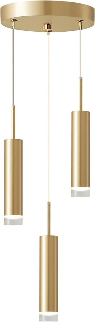 KCO Lighting 3-Light Gold Cylinder Kitchen Island Pendant Light Brushed Brass Metal Long Tube Bar Cluster Pendant Lighting Industrial Farmhouse Adjustable Hanging Ceiling Light Fixture