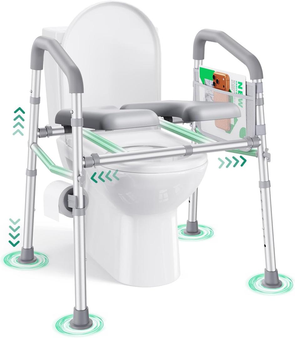 PopWise Raised Toilet Seat with Handles, 500 lb Anti-Wobble Frame, Easy to Install Toilet Seat Risers for Senior, Pregnant, Post-Surgery, Adjustable Height & Width Toilet Seat Riser, Fits Most Toilets (Light Gray)