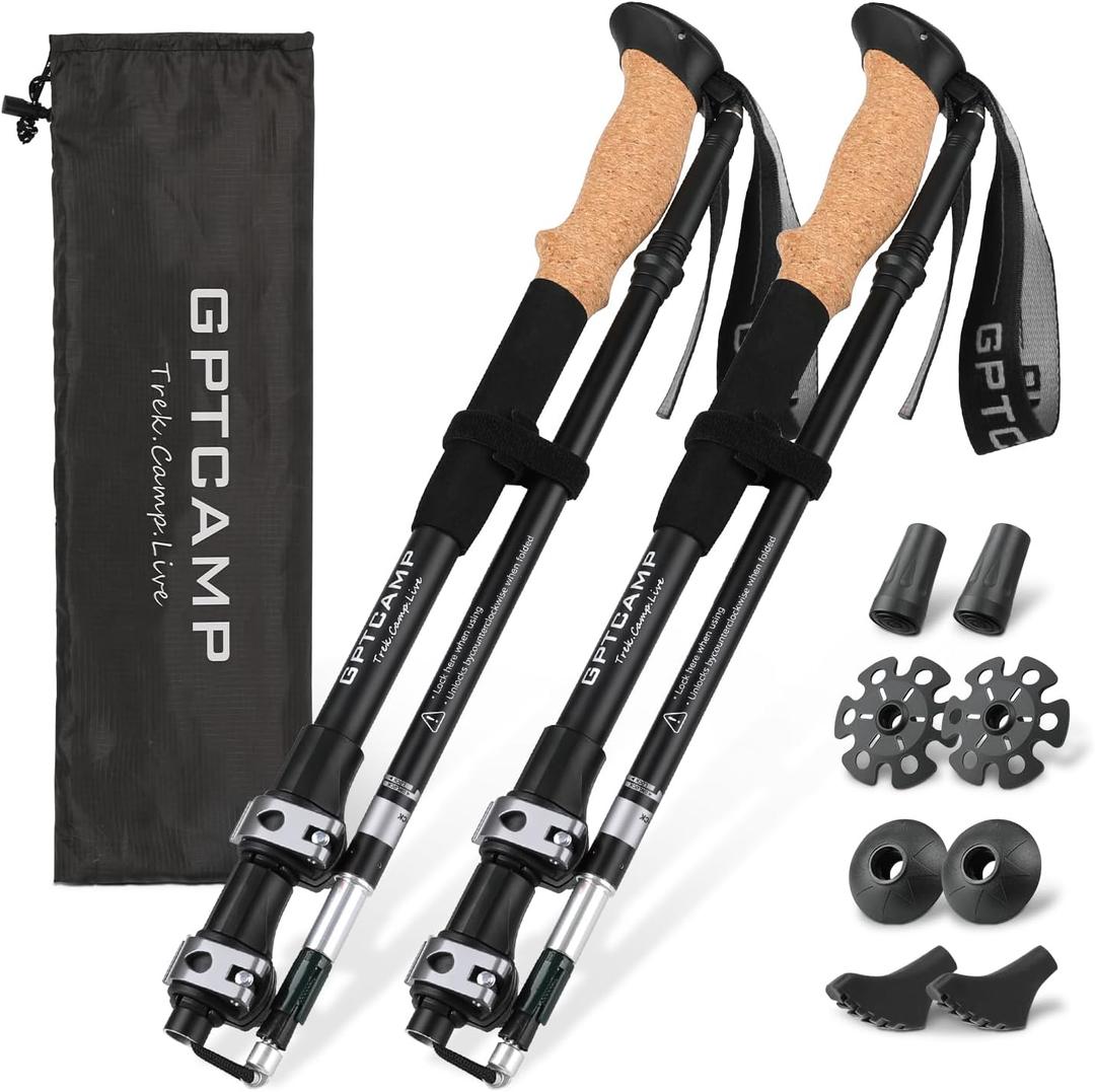 GPTCAMP Walking Sticks,Trekking Poles Collapsible Hiking Poles,Lightweight Folding Travel Walking Pole for Men Women,2pc Adjustable Hiking Stick with EVA Foam Grips for Backpacking (Black)
