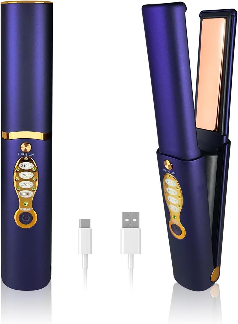 Cordless Hair Straighteners 5000 mAh Long Range Titanium Portable Flat Iron Wireless Mini Hair Straightener 2 in 1 for Straightening and Curling Travel Straightener max. 210/410 Heats Up in Seconds (Blue)