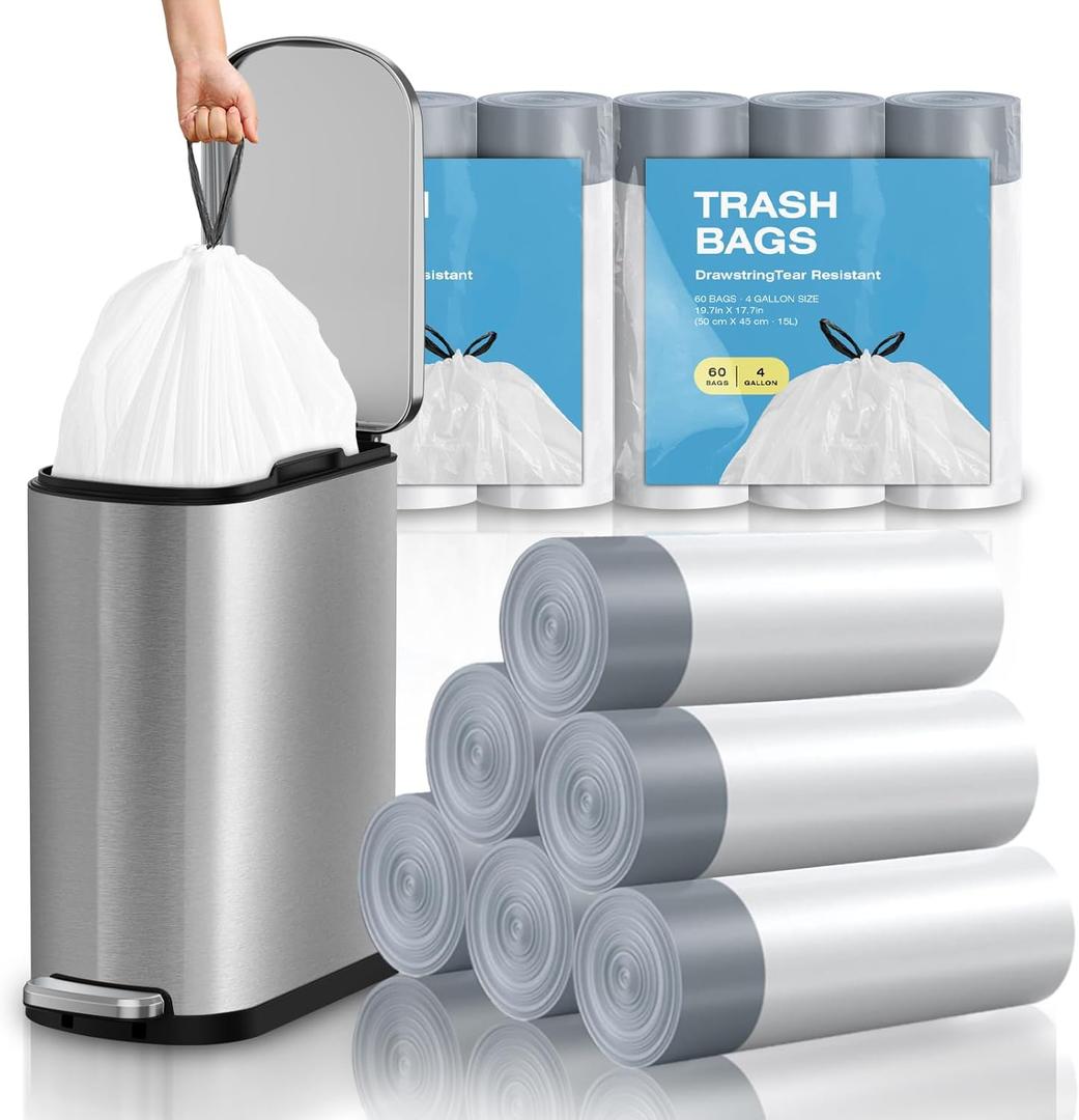 KSSKSS 2.6 Gallon Mini Drawstring Trash Bags, Small Garbage Bags by KSSKSS, Code a fit 10-15 Liter, 2.6-4 Gal, White Trash Bin Liners for Home Office Kitchen Bathroom Bedroom, 120 Counts