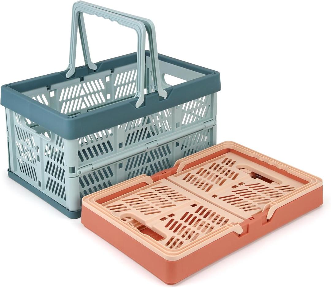 Domiella 2-Pack Foldable Storage Baskets, Collapsible PP Crates with Handles - 20L Capacity, Strong and Portable for Home Organization, Picnic and Shopping, Blue + Pink