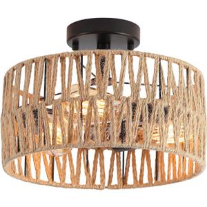 3-Light Coastal Woven Flush Mount Light Fixture Boho Rustic Hemp Rope Drum Semi Flush Mount Ceiling Light for Hallway Bedroom Kitchen Entryway Farmhouse Living Room, Black