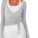 Womens Slim Fit Tie Front Open Front Wrap Long Sleeve T Shirt Y2K Ballet Going Out Cardigan Aesthetic Casual Tops (Large, Gray)