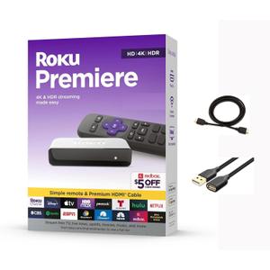 Roku 3920RW-SW Premiere - 4K/HDR Streaming Media Player, Enabled with Premium High Speed HDMI Cable & Simple Remote, Wi-Fi, with HDMI Cable and USB Extension Cord