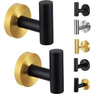 Kruodop Towel Hooks for Bathroom,2 Packs Wall Mount Towel Holder,Blak Gold Matte Wall Robe Hook,Stainless Steel Heavy Duty Door Hanger Towel Hook for Kitchen, Bedroom,Hotel,Pool,Coats