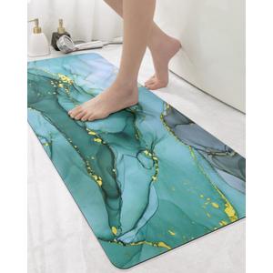 DEXI Bathroom Mat Ultra Thin, Non Slip Bath Rug for Shower Floor, Absorbent Quick Dry Marble Bathmats Low Profile, 17x43, Turquoise Green