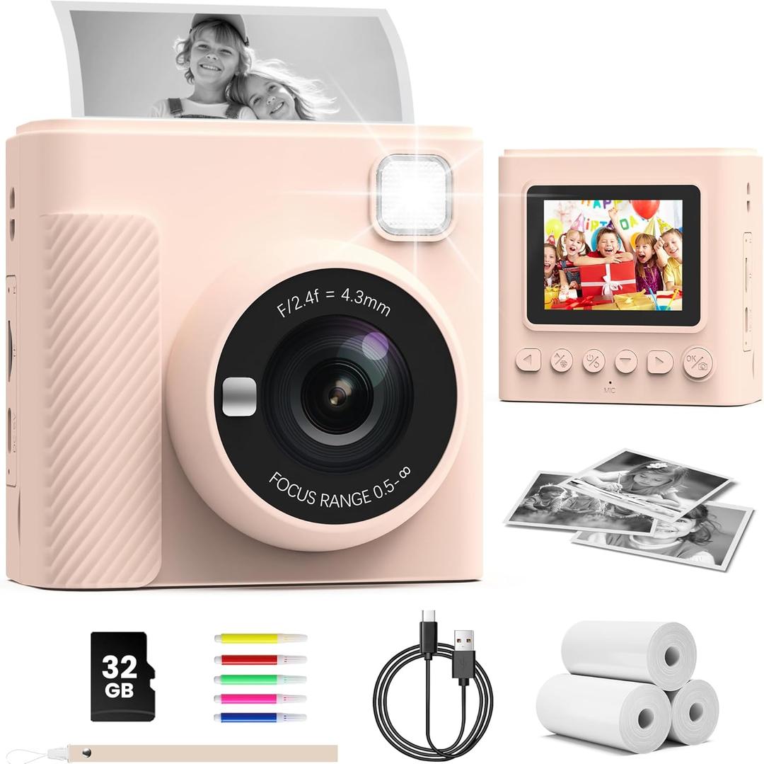 Kids Instant Print Camera, Christmas Birthday Gifts for Girls and Boys, 1080P HD Video Digital Kids Camera with Print Paper & 32G Card, Toddler Toy for 3-14 Years Old (Brown)