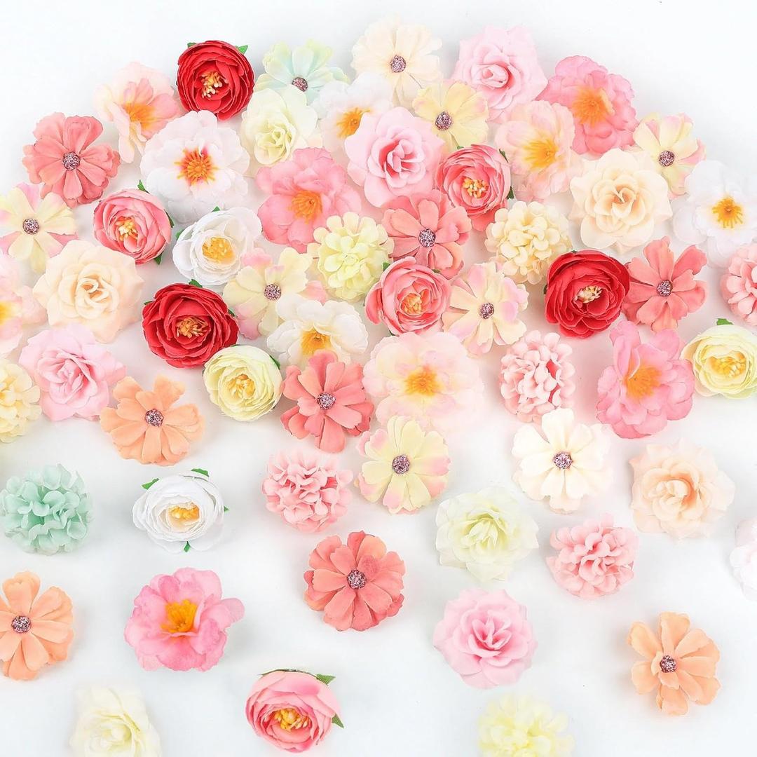 ATTGREAT Fake Flower Heads Mini Silk Flowrs Bulk Small Pink Flower 3D Loose Faux Daisy Rose Sunflowers Plum Blossoms Craft for Wedding Party Cake Baby Shower Home Decor, 110Pcs(Pink)