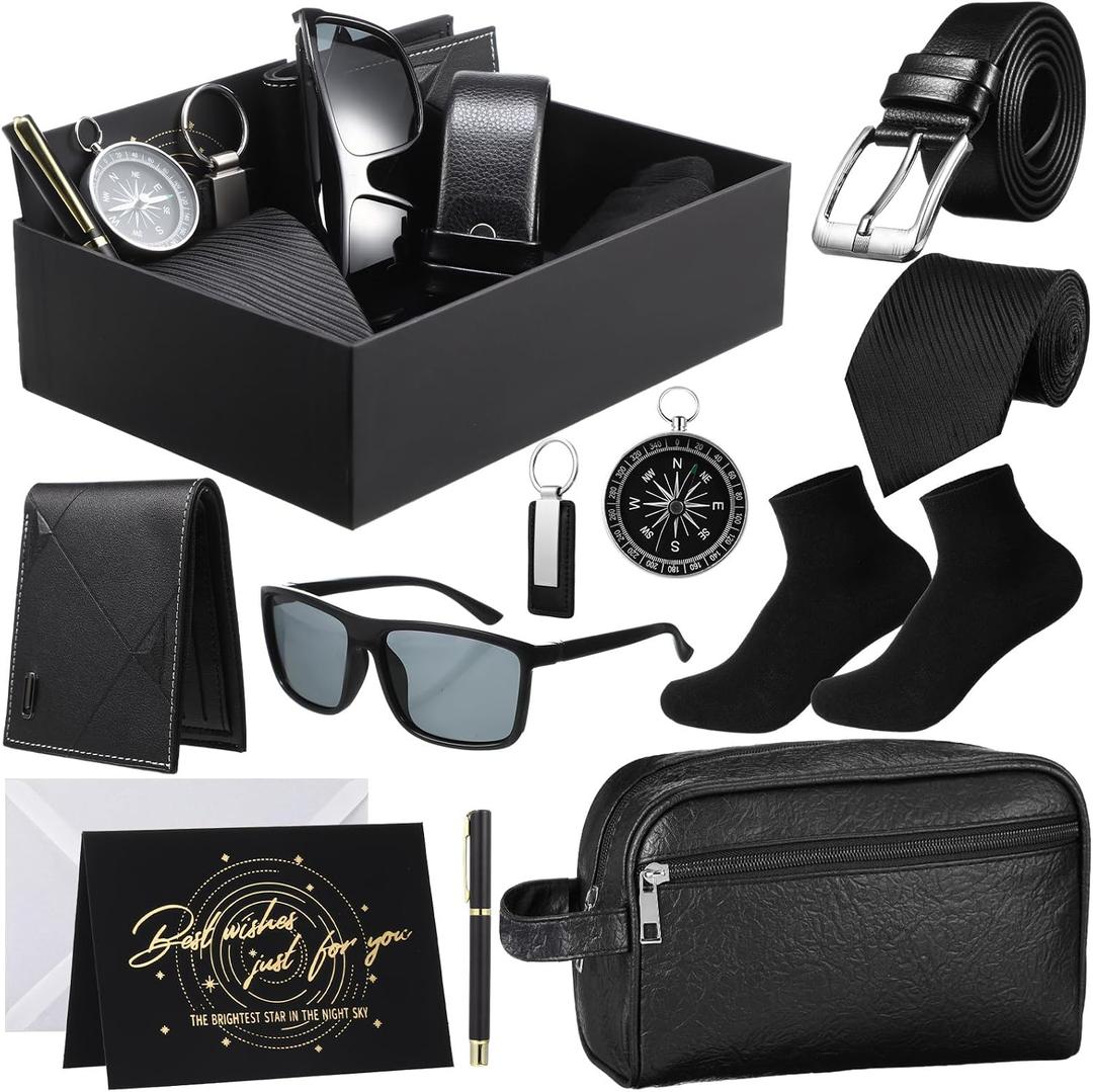 Geyoga 12 Pcs Men Father's Day Birthdays Gift Set with Box for Men Him Basket Thank You Dad PU Leather Wallet Leather Toiletry Bag Tie Socks Belt Keychain Sunglasses Pen Compass Set