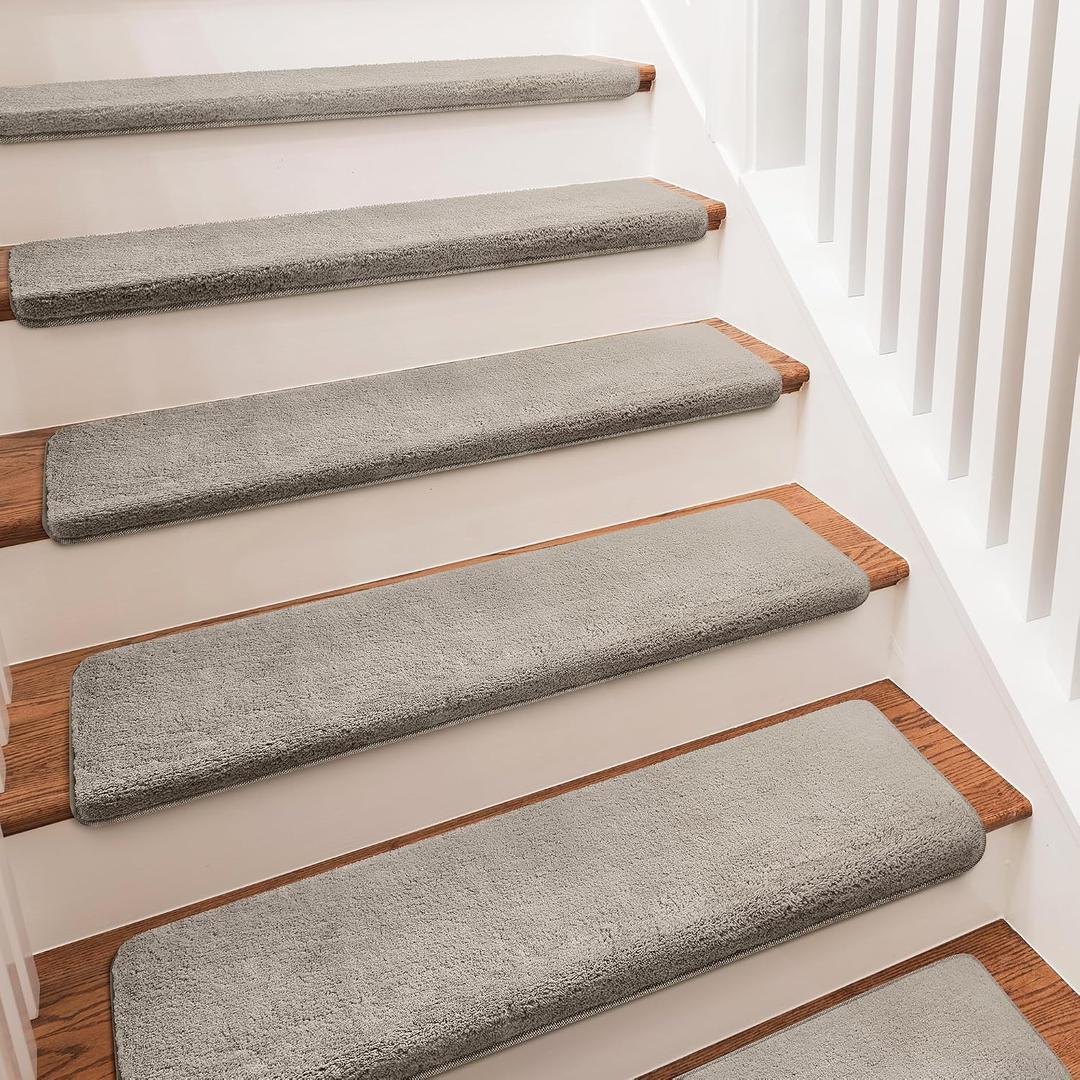 PURE ERA Bullnose Carpet Stair Treads Ultra Plush Cream Gray 7 Pcs, 30 x 9.5 inch