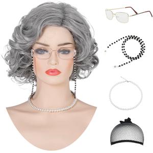 Short Old Lady Granny Curly Wig for Women Grandma 100th Day of School Cosplay, Costume, Halloween Party (Gray)