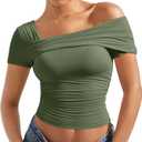 SUUKSESS Women One Off The Shoulder Summer Tank Tops Ruched Short Sleeve Shirts (Small, #1 Army Green)