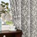 Jinchan Extra Long Linen Curtains for Living Room - Grey Damask Patterned 96 Inches Long for Bedroom - Light Filtering Vintage 8FT Drapes With Grommet Window Treatments - 2 Panels Set
