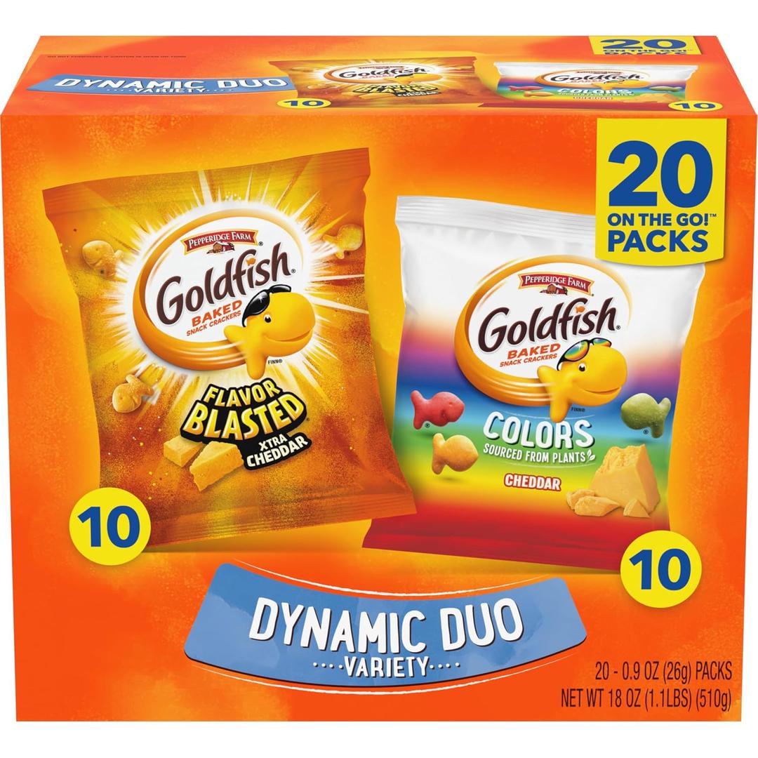 Goldfish Dynamic Duo Variety Pack, Colors Cheddar & Flavor Blasted Xtra Cheddar, Snack Packs, 20 Ct (EXP 06/04/26)