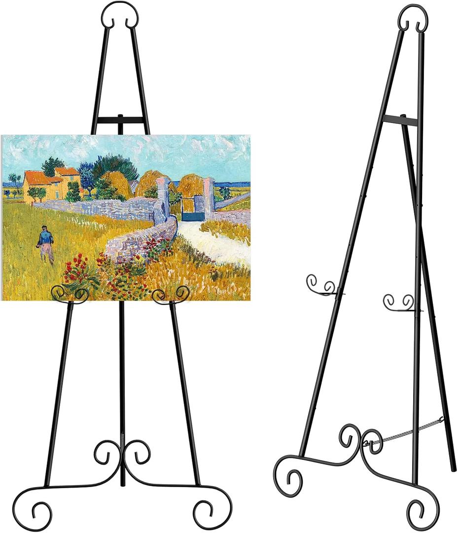 46" H Metal Round Tube Scroll Display Easel, Classic Black Decorative Large Adjustable Floor Standing Easel with Chain Support, Perfect for Showcasing Pictures, Artwork, Picture Frame Wedding Sign Etc